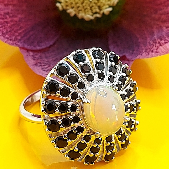 Unheated Oval Fire Opal 10x8mm Black Spinel 925 Sterling Silver Ring SZ 7.25 - Picture 4 of 9